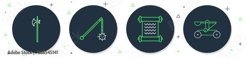 Set line Medieval chained mace ball, Decree, parchment, scroll, halberd and Catapult shooting stones icon. Vector