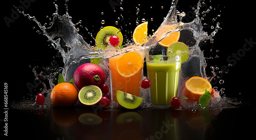 Set of colorful cocktails with splashes and drops on a black background. Cocktails collection. Variety of fresh fruit juices in glasses on a black background. Mixed fruits. Fruit smoothies in glasses