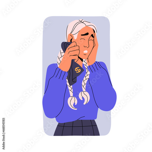 Cancer astrology zodiac sign concept. Sad character in astrological horoscope. Woman cry, upset girl in sorrow, person in frustrated feelings. Flat isolated vector illustration on white background