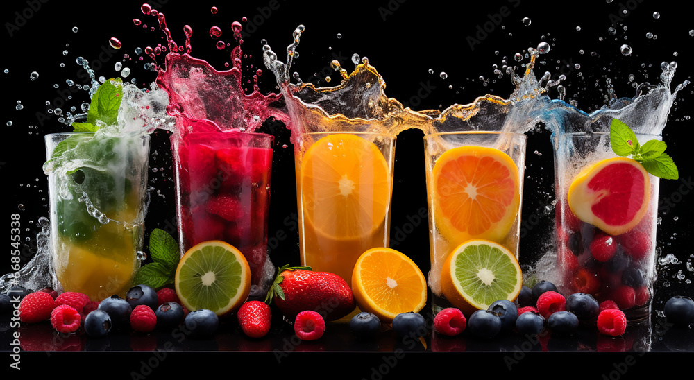 Set of colorful cocktails with splashes and drops on a black background. Cocktails collection. Variety of fresh fruit juices in glasses on a black background. Mixed fruits. Fruit smoothies in glasses - obrazy, fototapety, plakaty 