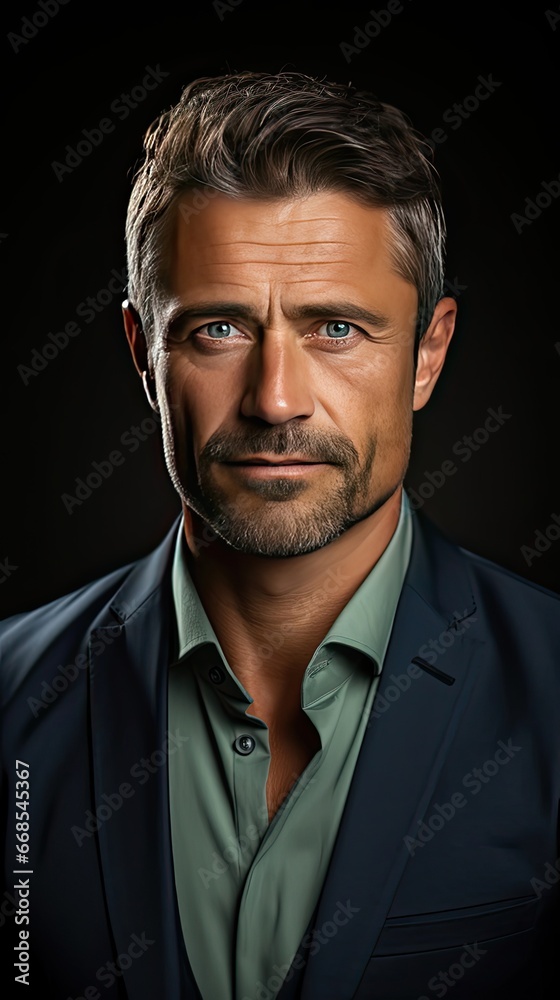 Good-looking middle-aged businessman with arms crossed in background. Man portrait illustration. Generative AI Good-looking middle-aged businessman with arms crossed in background. Man portrait illustration. Generative AI