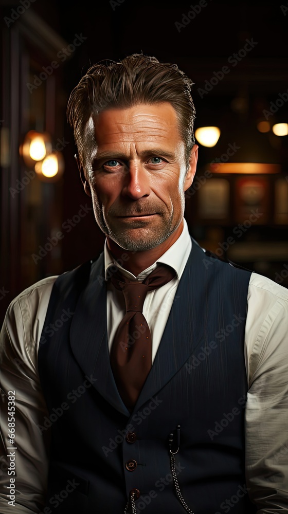 Good-looking middle-aged businessman with arms crossed in background. Model portrait illustration. Generative AI Good-looking middle-aged businessman with arms crossed in background. Model portrait illustration. Generative AI