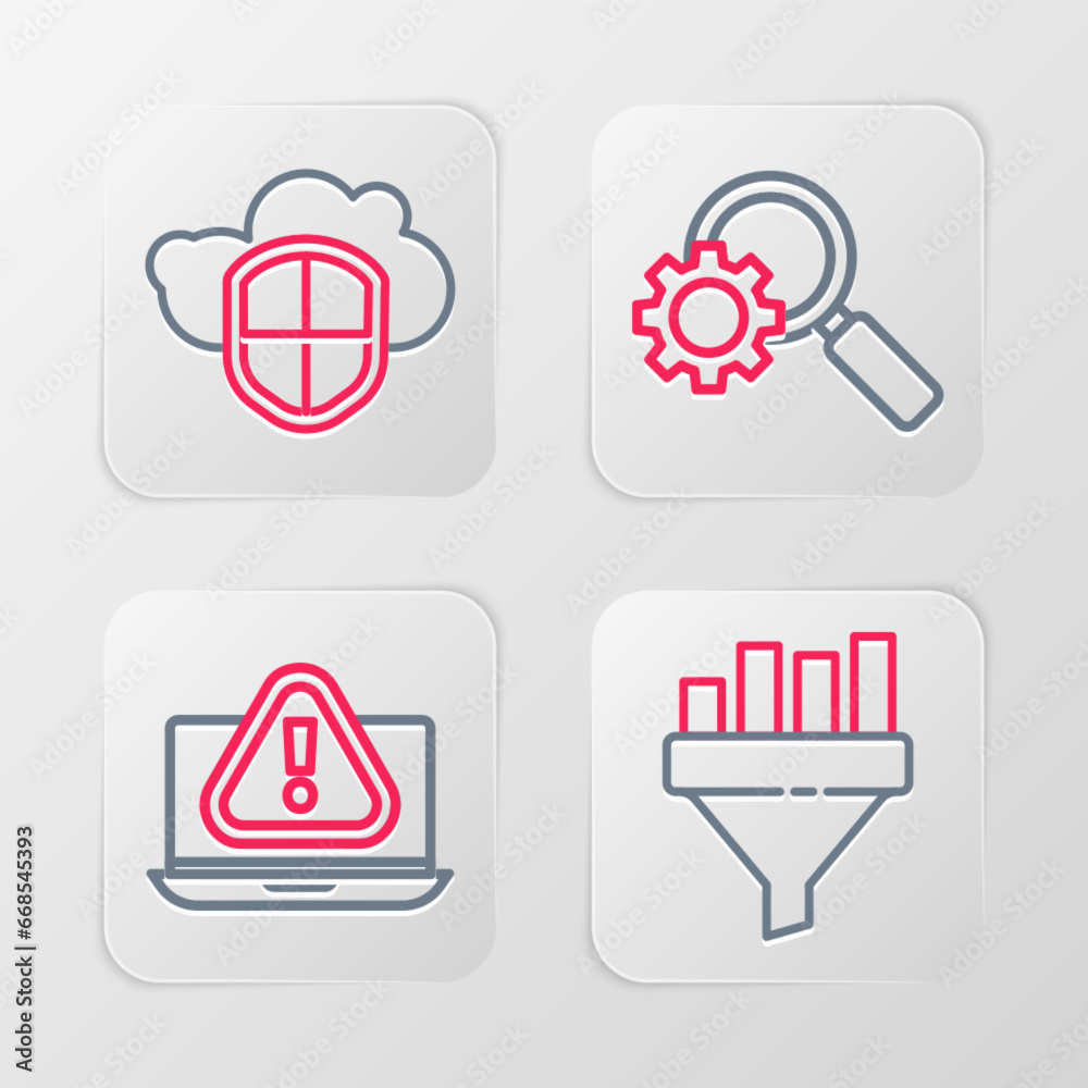 Set line Sales funnel with chart, Laptop exclamation mark, Magnifying glass and gear and Cloud shield icon. Vector Set line Sales funnel with chart, Laptop exclamation mark, Magnifying glass and gear and Cloud shield icon. Vector