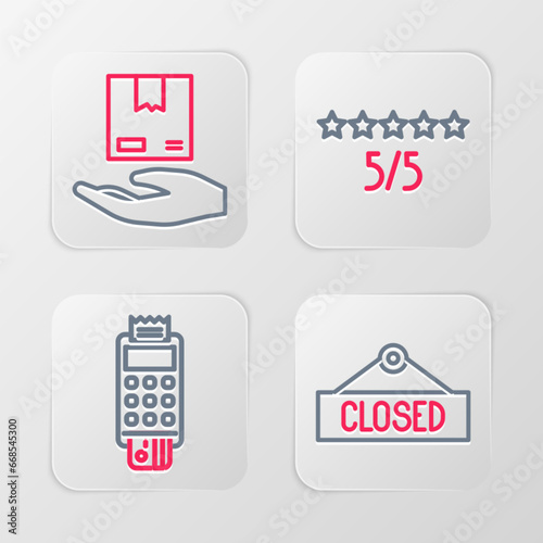 Set line Hanging sign with Closed, POS terminal credit card, Consumer or customer product rating and Delivery hand boxes icon. Vector