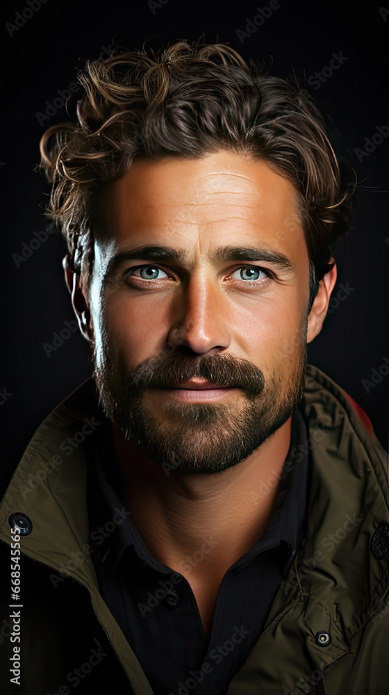Fototapeta premium Closeup portrait of smiling handsome man 30s having bristle looking at camera over background. Man face portrait illustration. Generative AI