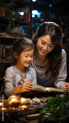 Happy asian mother and daughter sitting at table and doing homework. People portrait illustration. Generative AI