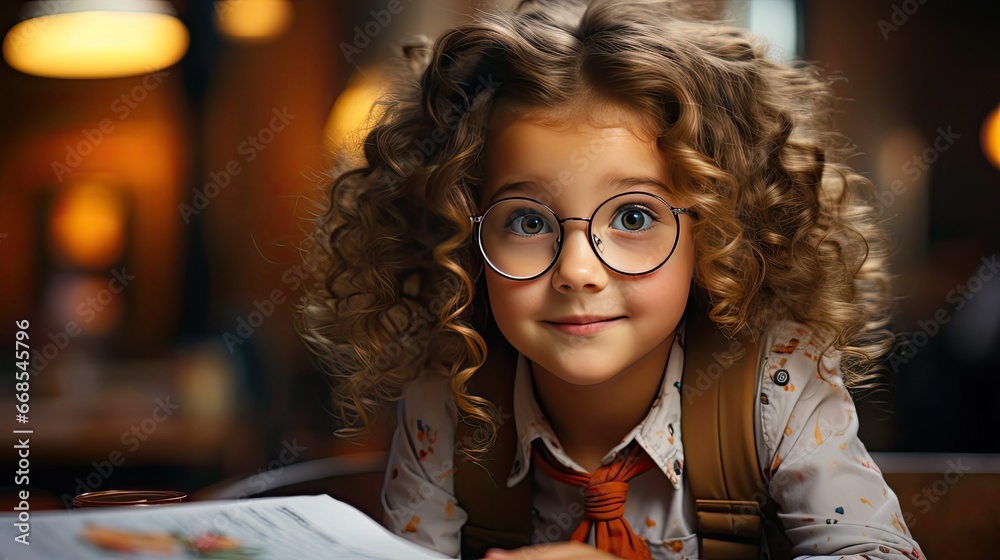 Surprised cute child in eyeglasses, writing in notebook using pencil, keeping mouth wide open. People portrait illustration. Generative AI Surprised cute child in eyeglasses, writing in notebook using pencil, keeping mouth wide open. People portrait illustration. Generative AI