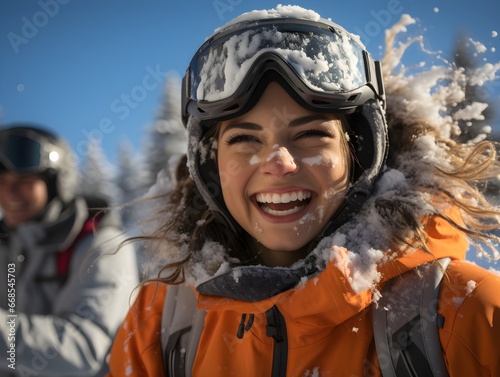 A joyful woman, smiling broadly, engages in winter sports in the mountains, embodying the festive and active spirit of the Christmas season.