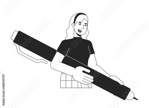 Caucasian young adult woman writer black and white 2D line cartoon character. European female copywriter isolated vector outline person. Holds pen. Content writing monochromatic flat spot illustration