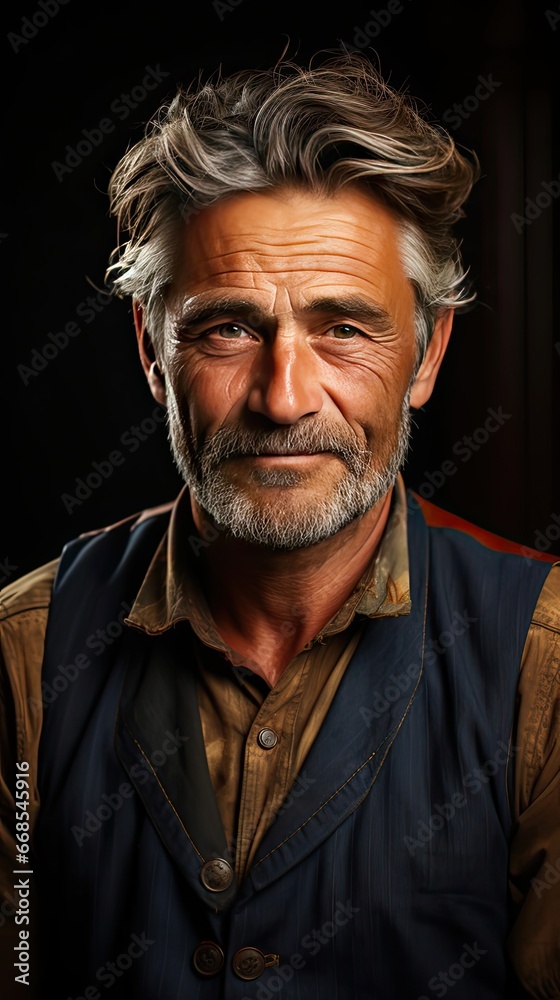Portrait of an older man wearing a shirt on background. A happy old man looks at a camera over a gray wall. Man portrait illustration. Generative AI Portrait of an older man wearing a shirt on background. A happy old man looks at a camera over a gray wall. Man portrait illustration. Generative AI