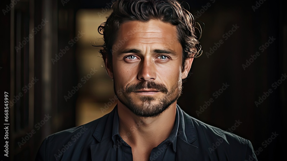 Fototapeta premium Casually handsome. Confident young handsome man in jeans shirt keeping arms crossed and smiling while standing against background. Man portrait illustration. Generative AI