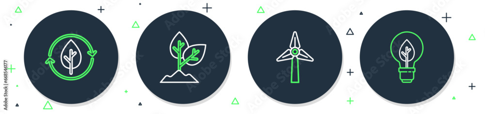 Set line Plant, Wind turbine, Recycle and leaf and Light bulb with icon. Vector Set line Plant, Wind turbine, Recycle and leaf and Light bulb with icon. Vector