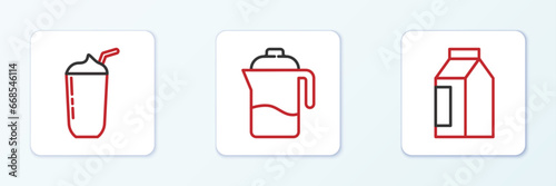 Set line Bag of coffee beans, Milkshake and French press icon. Vector