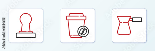 Set line Coffee turk, tamper and cup to go icon. Vector