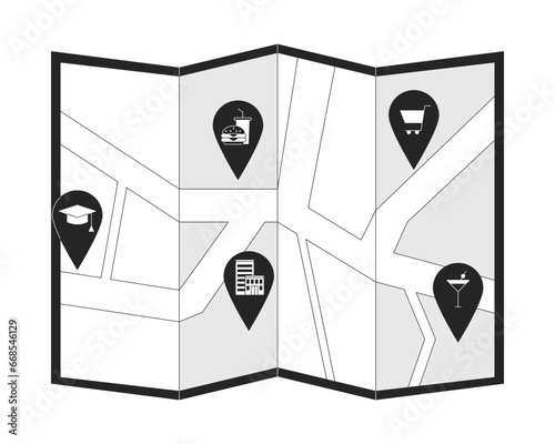 Neighborhood map with pinpoints black and white 2D line cartoon object. Entertainment education. Downtown location pins isolated vector outline item. Urban plan monochromatic flat spot illustration