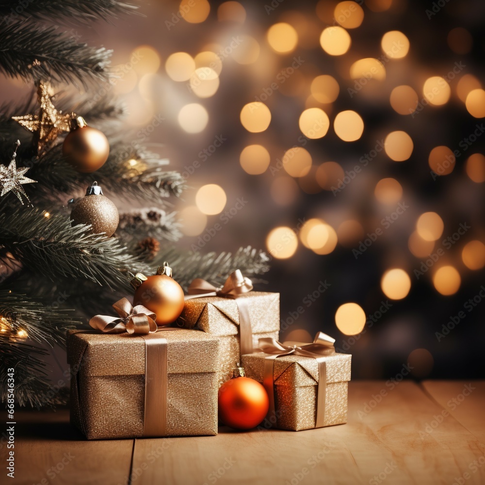 Decorate a beautiful Christmas backdrop with a gift box with Christmas tree with colored lights and bokeh. For banners, measure stops, ads.