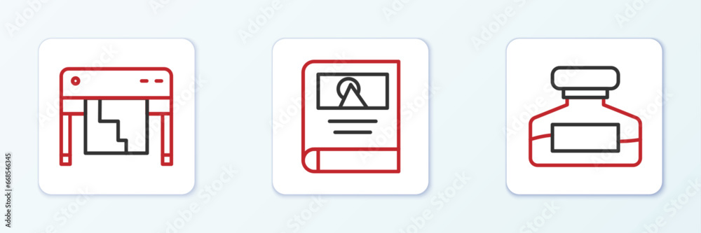 Set line Ink bottle, Plotter and Photo album gallery icon. Vector
