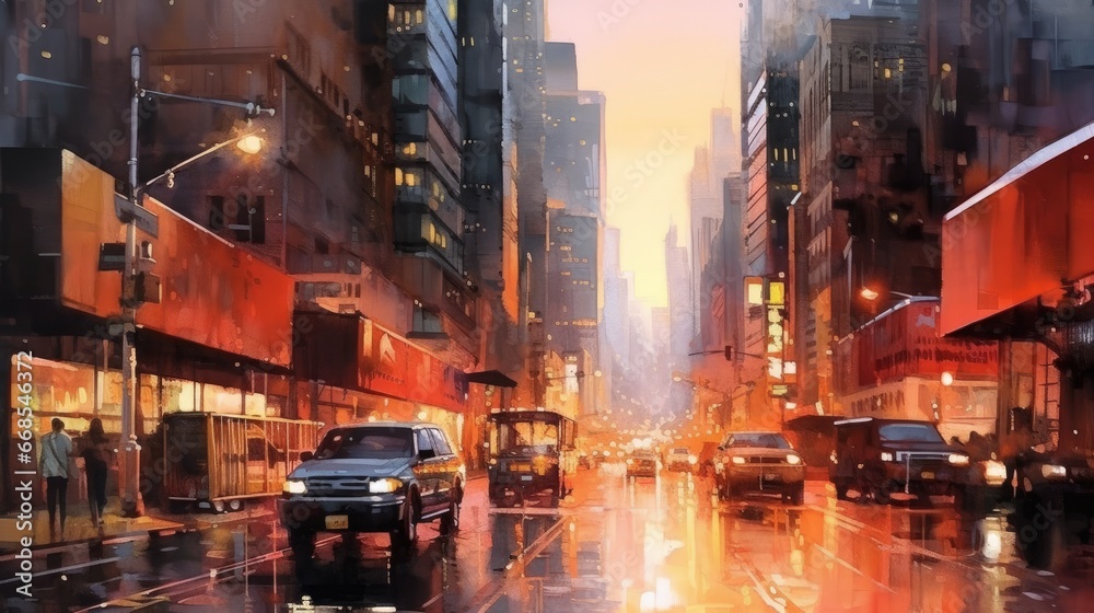 Watercolor cityscape paintings with urban vibes. AI generated