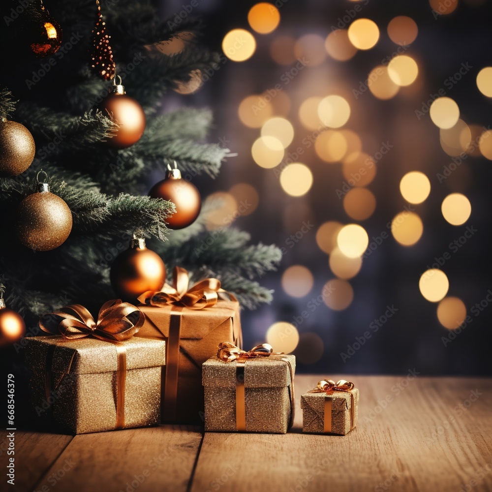 Decorate a beautiful Christmas backdrop with a gift box with Christmas tree with colored lights and bokeh. For banners, measure stops, ads.
