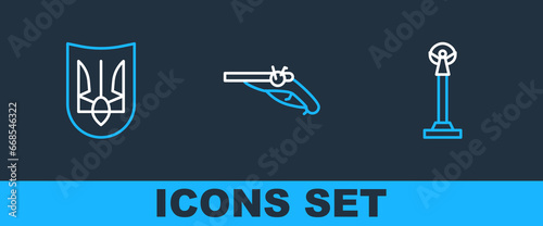 Set line Monument of Independence, Ukrainian trident and Vintage pistols icon. Vector