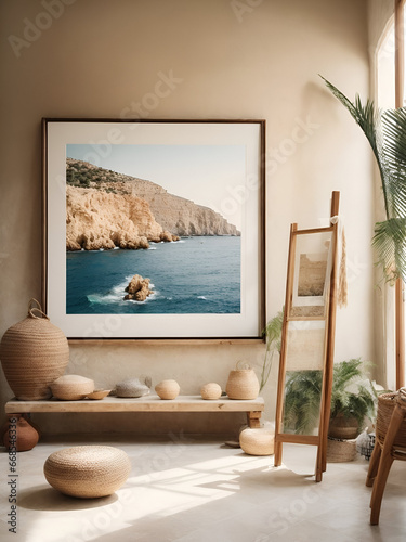Interior of living room with photo frame, chair and sea view