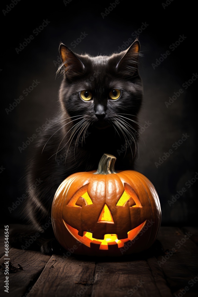 halloween black cat with pumpkin - generative ai halloween black cat with pumpkin - generative ai