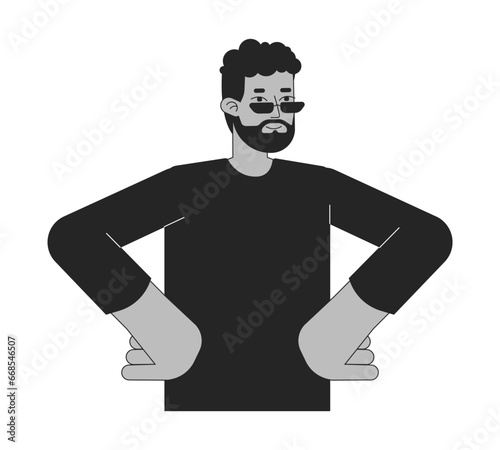 African american guy akimbo standing black and white 2D line cartoon character. Bearded sunglasses man hands on hips pose isolated vector outline person. Confident monochromatic flat spot illustration