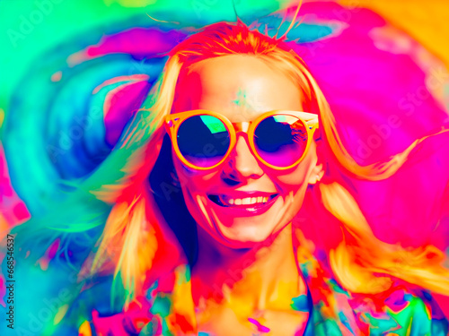 Portrait of a beautiful young woman with colorful hair and sunglasses