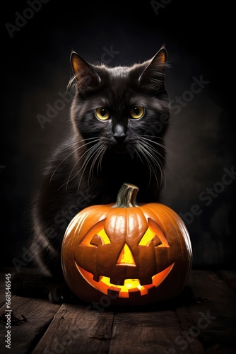 halloween black cat with pumpkin - generative ai © BrandwayArt