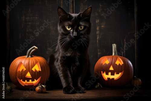 halloween black cat with pumpkin - generative ai © BrandwayArt