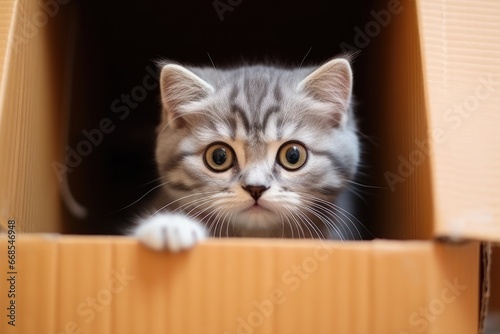 cute little baby cat in a cardboard box