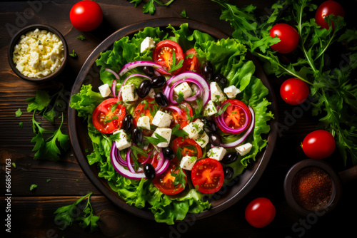 Mediterranean style lunch salad, fresh green leaves, pink onions, romaine lettuce, arugula and tomato slices adding pops of color, black and green olives, tasty pieces of feta cheese in the plate