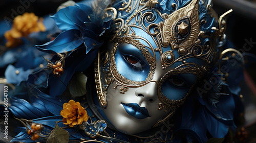 Blue and gold Venetian carnival mask with feathers, copy space.