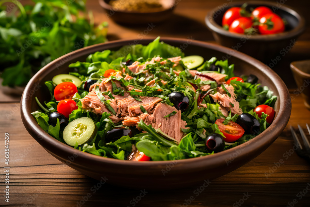 delicious and healthy Mediterranean-style salad with the perfect combination of ingredients, vibrant flavor and healthy nutrition. Close-up on a bowl of fresh vegetables and tuna, perfect combination delicious and healthy Mediterranean-style salad with the perfect combination of ingredients, vibrant flavor and healthy nutrition. Close-up on a bowl of fresh vegetables and tuna, perfect combination