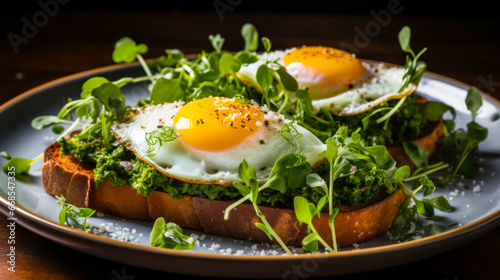 Close-up on toast with guacamole  fried egg and arugula  whole grain bread fried in olive oil. Idea for breakfast in a Mediterranean cafe on a weekend