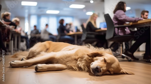 Dog peacefully sleeping in busy office environment. Pet is comfortably layed on floor with daily workspace rush in background. Busy business employees, computers, and office supplies in background