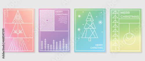 Merry christmas concept posters set. Cute gradient holographic background vector with vibrant color, snowflakes, pine, ball. Art trendy wallpaper design for social media, card, banner, flyer.