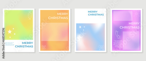 Merry christmas concept posters set. Cute gradient holographic background vector with vibrant color, candy, firework, snowflakes. Art trendy wallpaper design for social media, card, banner, flyer.