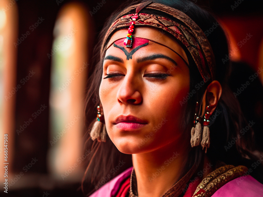 Portrait of a beautiful Indian woman in traditional dress and headdress ...