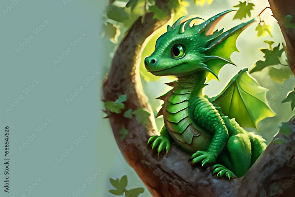 Fototapeta premium Head of a green fantasy dragon. Eastern horoscope. Mythological creatures. Fantastic monster.