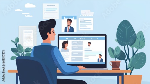 Remote hiring and online job interview concept. HR work with CV and application letter review to find best candidate for job position. Modern, digital approach to recruitment and selection process. photo