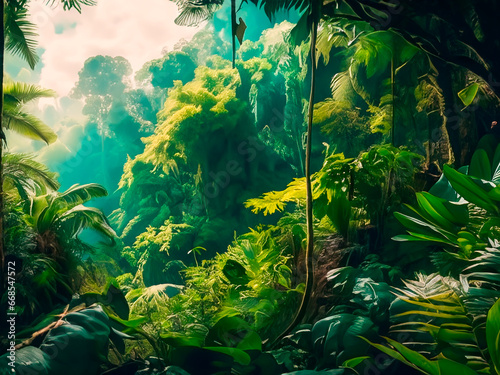Tropical jungle with plants and ferns. Nature background 