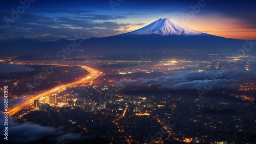 街の夜景と富士山