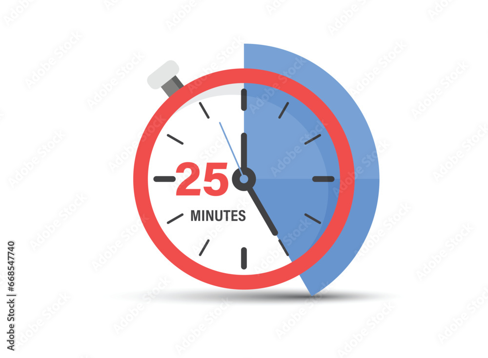 25 minutes on stopwatch icon in flat style. Clock face timer vector illustration on isolated background. Countdown sign business concept. 25 minutes on stopwatch icon in flat style. Clock face timer vector illustration on isolated background. Countdown sign business concept.