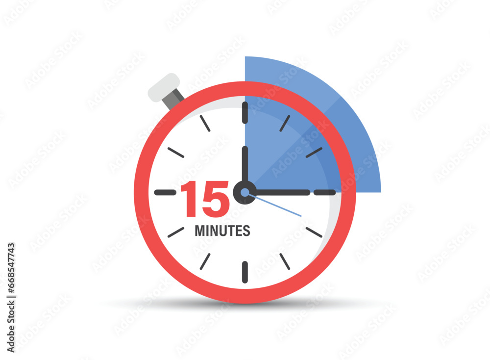 15 minutes on stopwatch icon in flat style. Clock face timer vector illustration on isolated background. Countdown sign business concept. 15 minutes on stopwatch icon in flat style. Clock face timer vector illustration on isolated background. Countdown sign business concept.