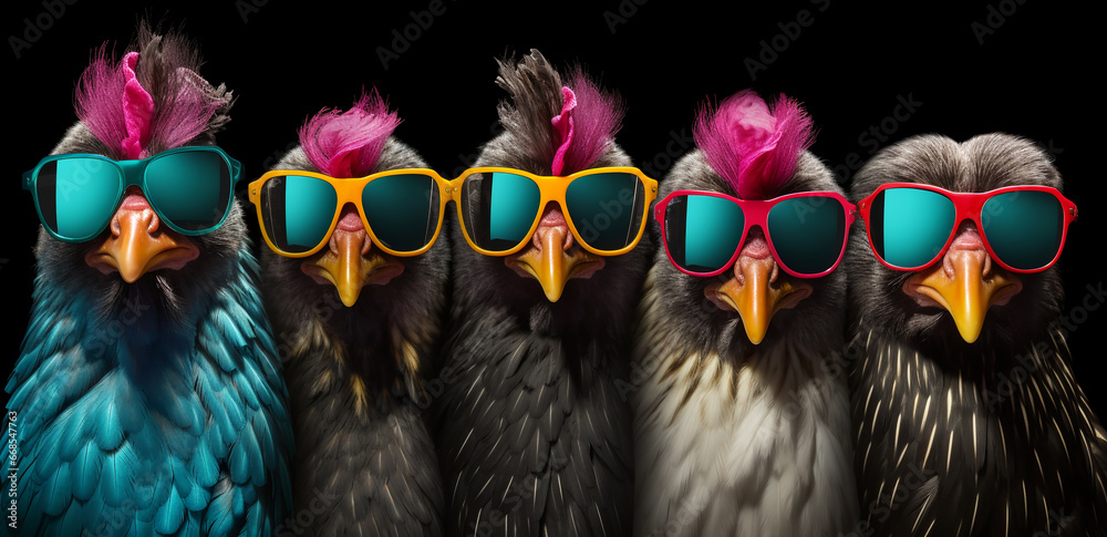 Roosters and chickens colored in sunglasses. 3D rendering of a group of birds in sunglasses isolated on black background. Funny roosters in glasses.  - obrazy, fototapety, plakaty 