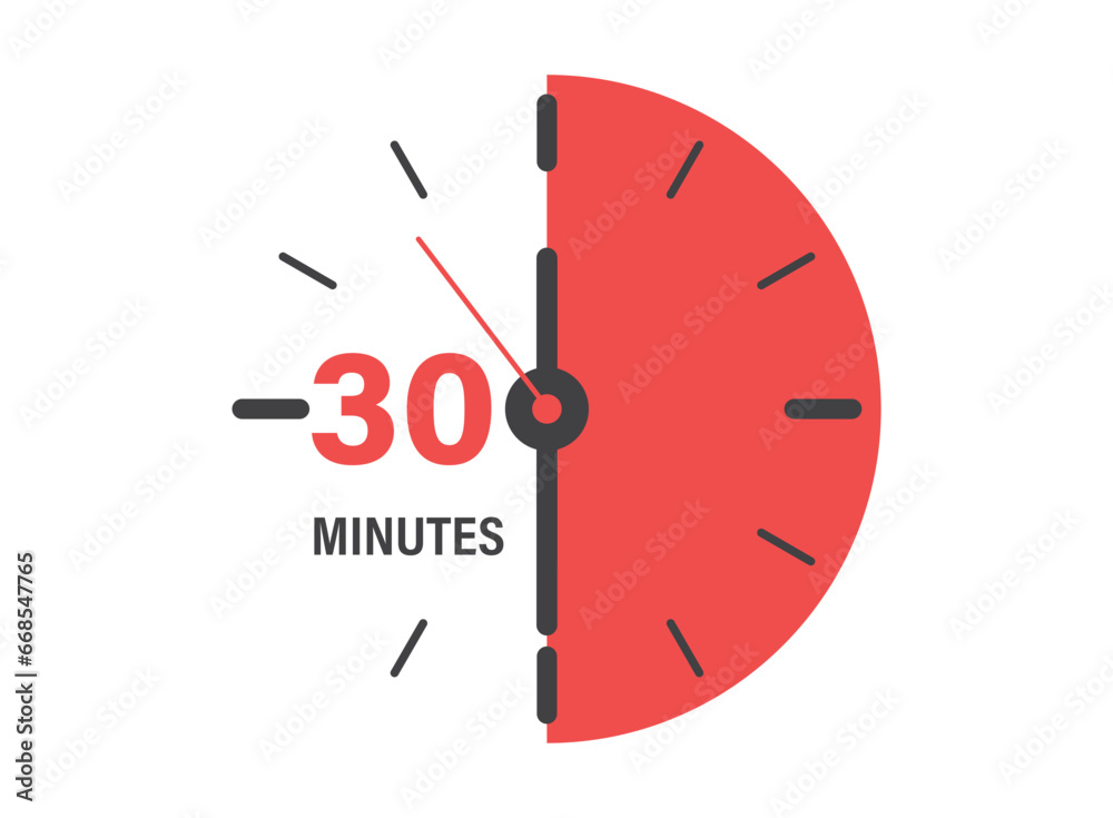 30 minutes on stopwatch icon in flat style. Clock face timer vector illustration on isolated background. Countdown sign business concept.