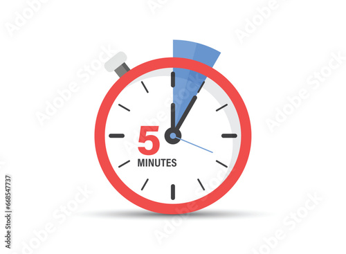 5 minutes on stopwatch icon in flat style. Clock face timer vector illustration on isolated background. Countdown sign business concept.