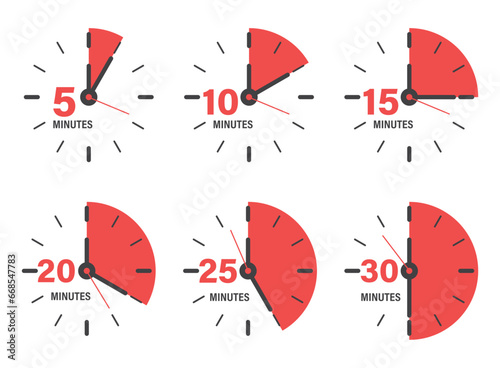 From 5 minutes to 30 minutes on stopwatch icon in flat style. Clock face timer vector illustration on isolated background. Countdown sign business concept.