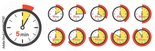 From 5 minutes to 55 minutes on stopwatch icon in flat style. Clock face timer vector illustration on isolated background. Countdown sign business concept.